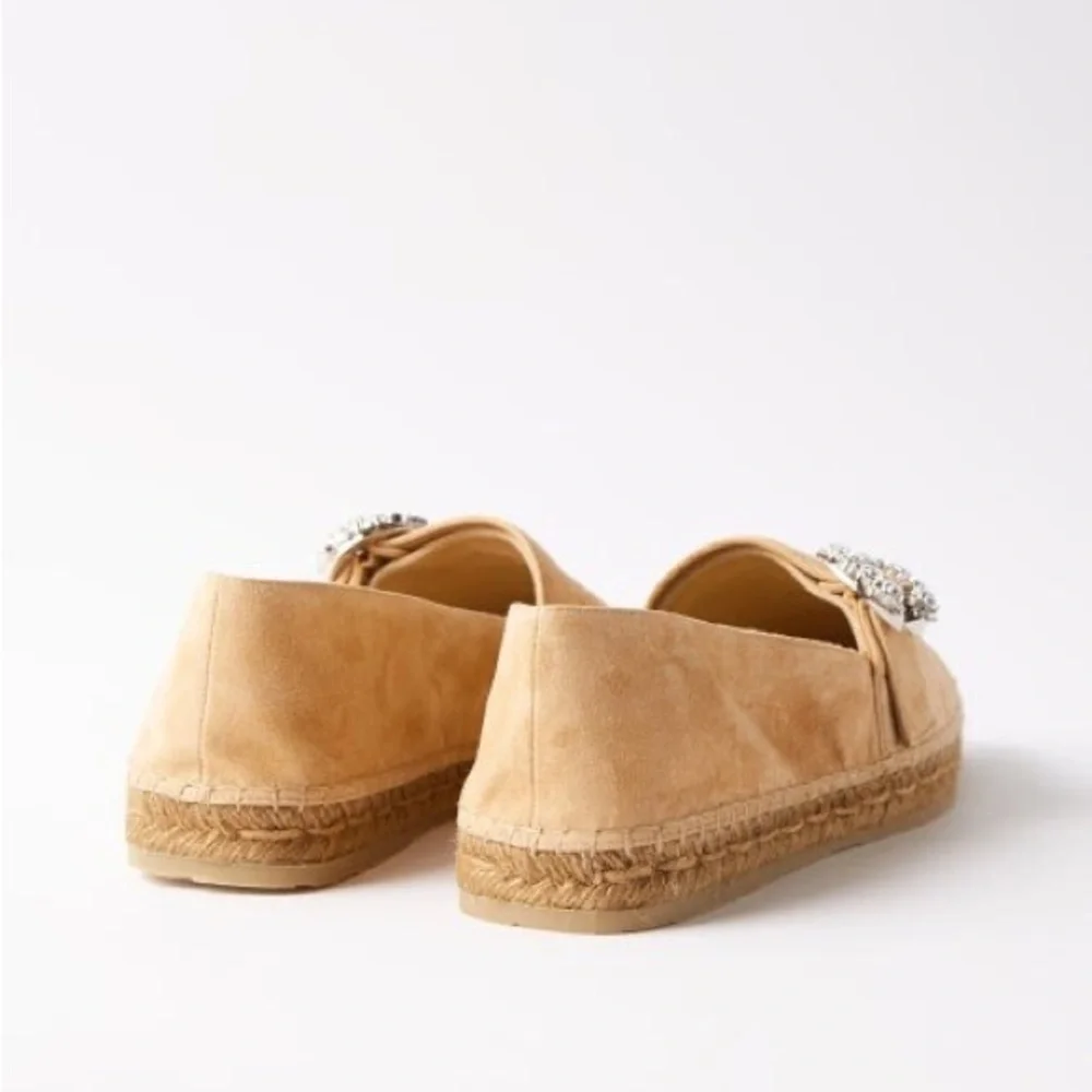 JIMMY CHOO Dru Crystal Embellished Suede Espadrilles Beige Sz 38 EU/8 US